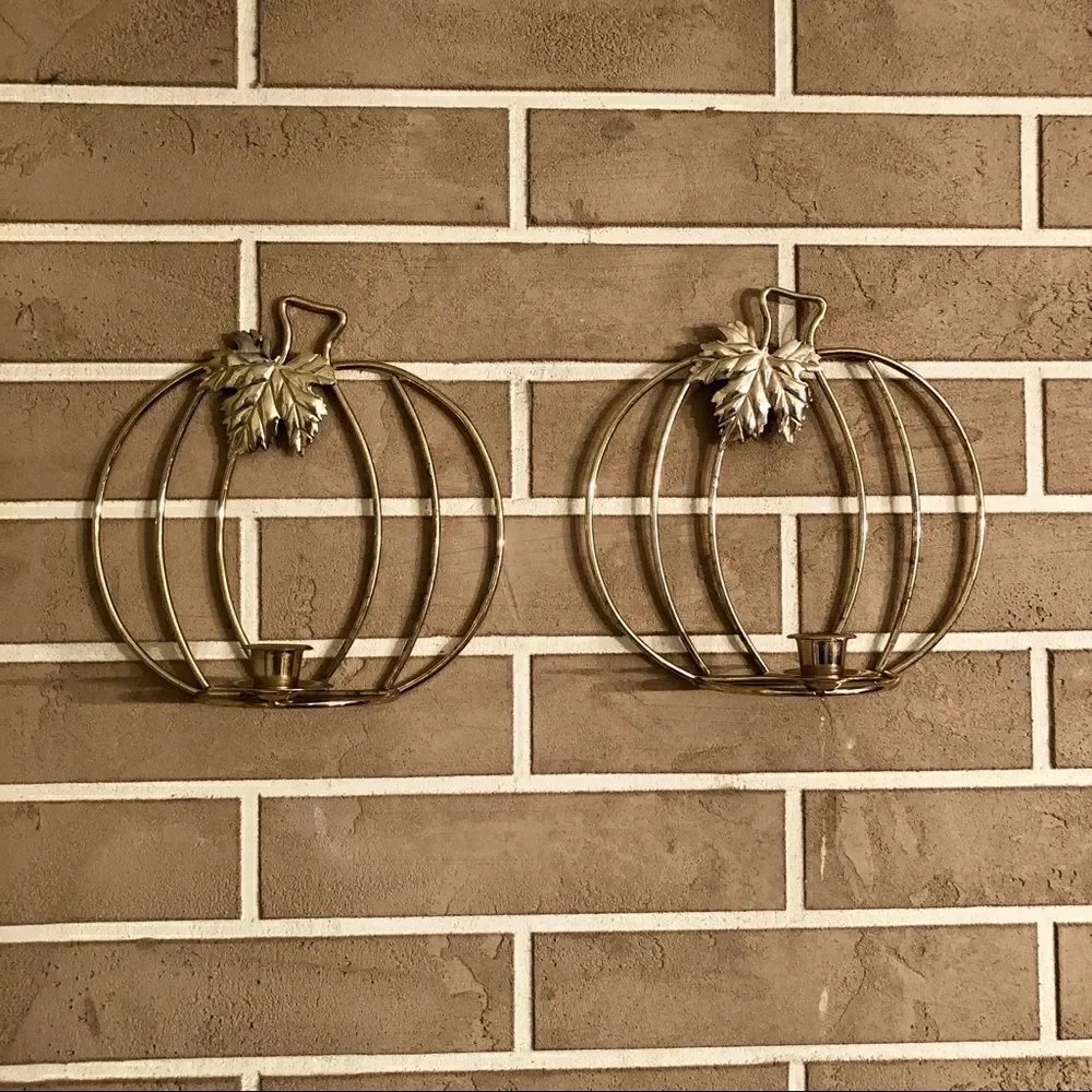 Vintage Pumpkin Wall Hanging Candlestick Holders in Gold Lot of 2